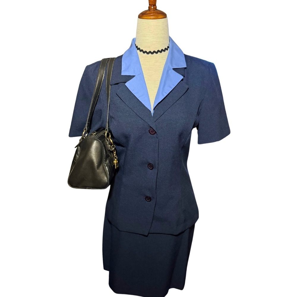 90s Vintage Navy Blue Blazer and Skirt Set Size 7